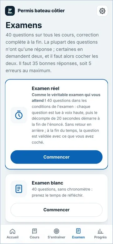 Examens : examen réel chronométré et examen blanc